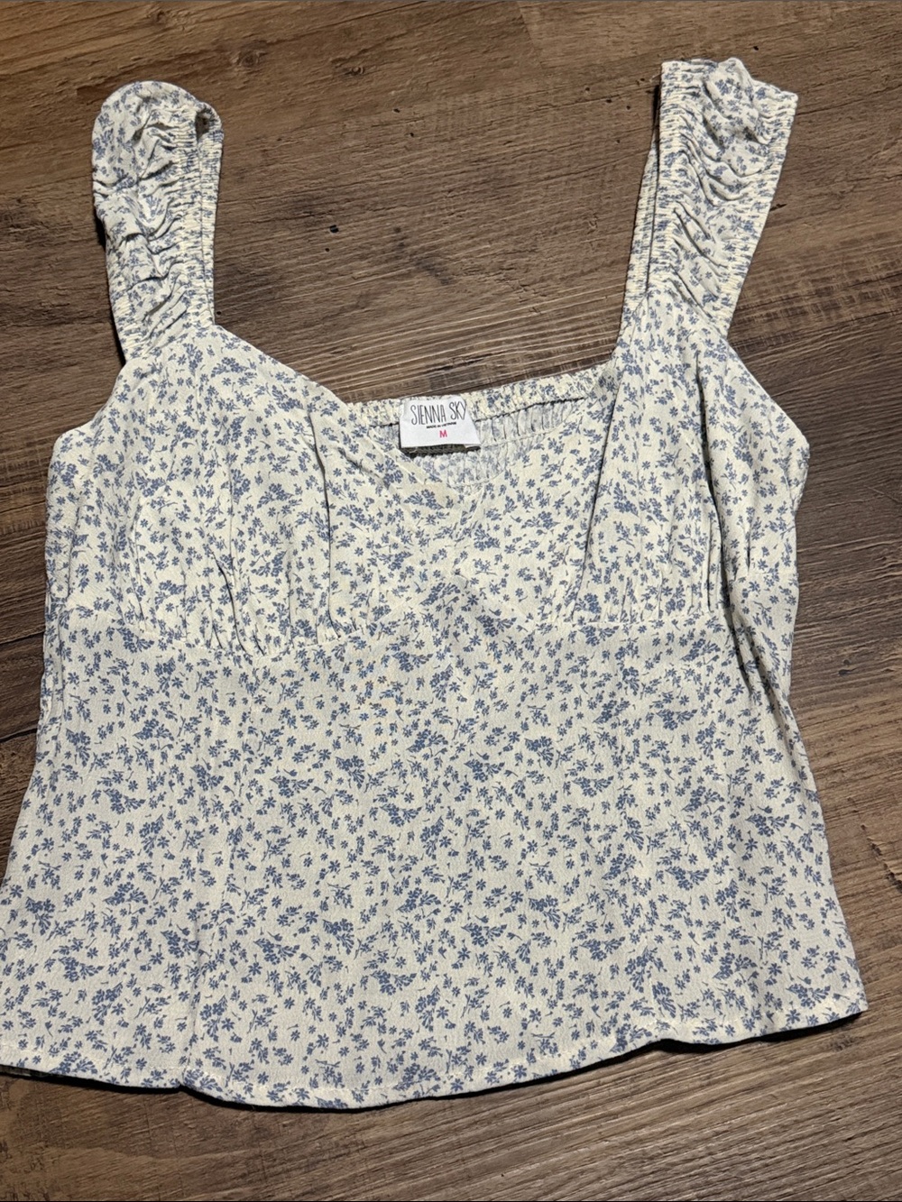 Sienna Sky Cream Tank Top with Blue Floral Print and Ruched Straps
